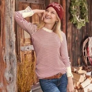 Sundance Joyful Striped Thermal Waffle Crewneck Cuff Long Sleeve Top Medium